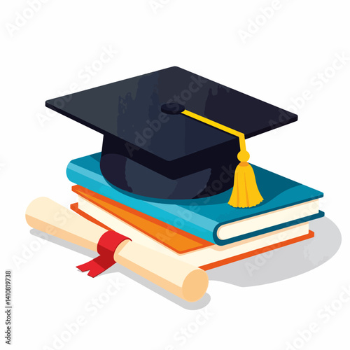 Graduation cap symbolizing achievement and knowledge with books and diploma