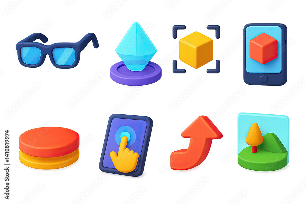 3D icon set of augmented reality: AR glasses, hologram, object tracking, phone overlay, virtual label, interactive surface, 3D arrow, real-world blend.