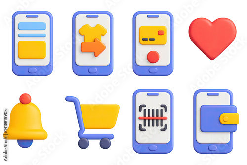 Obraz na płótnie 3D icon set of mobile commerce: smartphone screen, product swipe, mobile checkout, wishlist icon, push alert, cart icon, barcode scanner, mobile wallet. w salonie