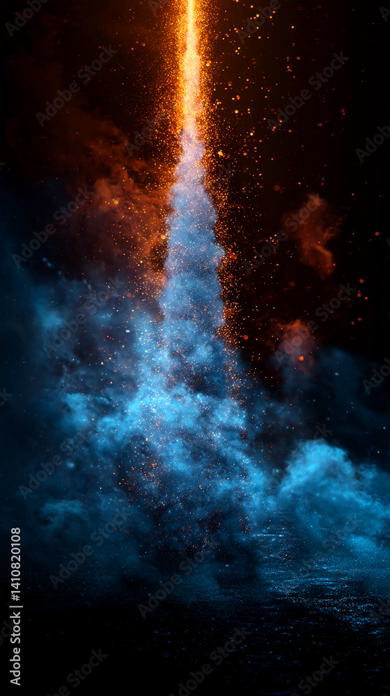 Abstract image of blue and orange sparks rising against a dark background, creating a dynamic and contrasting visual effect, showcasing energy, power, and duality Abstract image of blue and orange sparks rising against a dark background, creating a dynamic and contrasting visual effect, showcasing energy, power, and duality