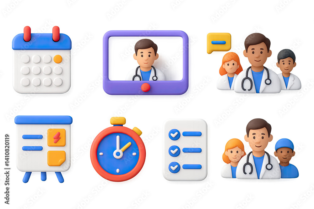 3D icon set of medical team meetings: group calendar, video chat window, brainstorming board, group avatars, whiteboard notes, meeting timer, agenda list, team icons.
