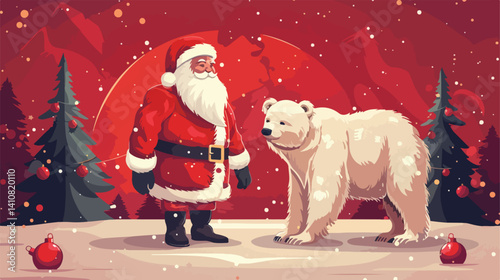 Professional Vector Illustration of Santa Claus and Bear on Red Background for Various Uses