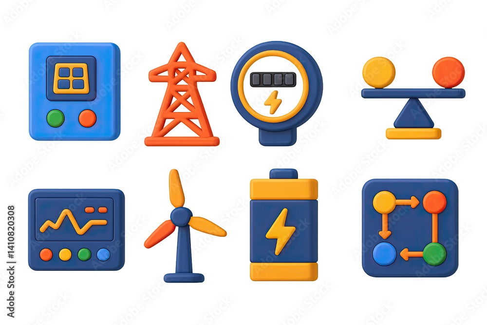 3D icon set of renewable power grid: solar inverter, power line tower, smart meter, load balancing icon, grid dashboard, wind power input, grid storage, energy flow map.