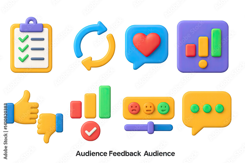 3D icon set of audience feedback: survey form, feedback loop, message heart, poll icon, thumbs up/down, vote bar, rating scale, opinion bubble.