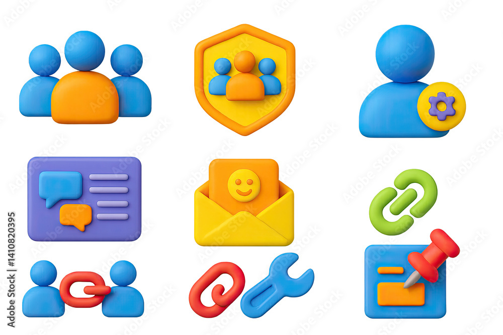 3D icon set of community building: group icon, community badge, user roles, discussion board, welcome message, invite link, moderator tool, post pin.