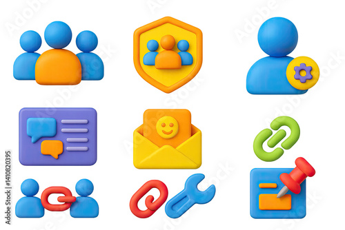 3D icon set of community building: group icon, community badge, user roles, discussion board, welcome message, invite link, moderator tool, post pin.