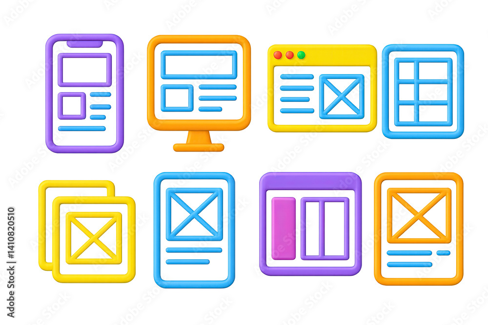 3D icon set of wireframes: mobile mockup, desktop wireframe, browser box, UX grid, frame layer, low-fidelity icon, layout panel, draft screen.