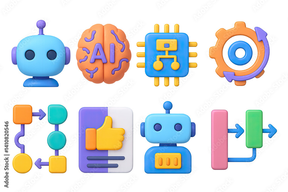3D icon set of AI for project management: robot head, AI brain, auto-plan chip, automation gear, smart workflow, recommendation card, data bot, process enhancer.
