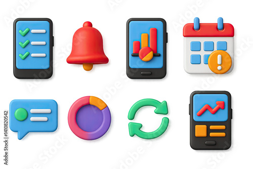 3D icon set of mobile productivity tools: smartphone with checklist, reminder icon, mobile graph, calendar alert, chat message, goal progress, sync symbol, mobile dashboard.