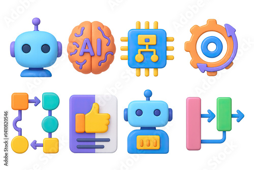 Obraz na płótnie 3D icon set of AI for project management: robot head, AI brain, auto-plan chip, automation gear, smart workflow, recommendation card, data bot, process enhancer. w salonie