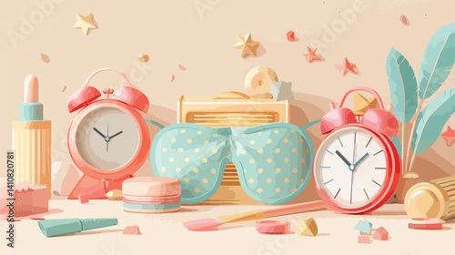 Professional Vector Illustration of Sleeping Mask, Alarm Clock, and Cosmetics on Light Background for Beauty and Sleep Concepts