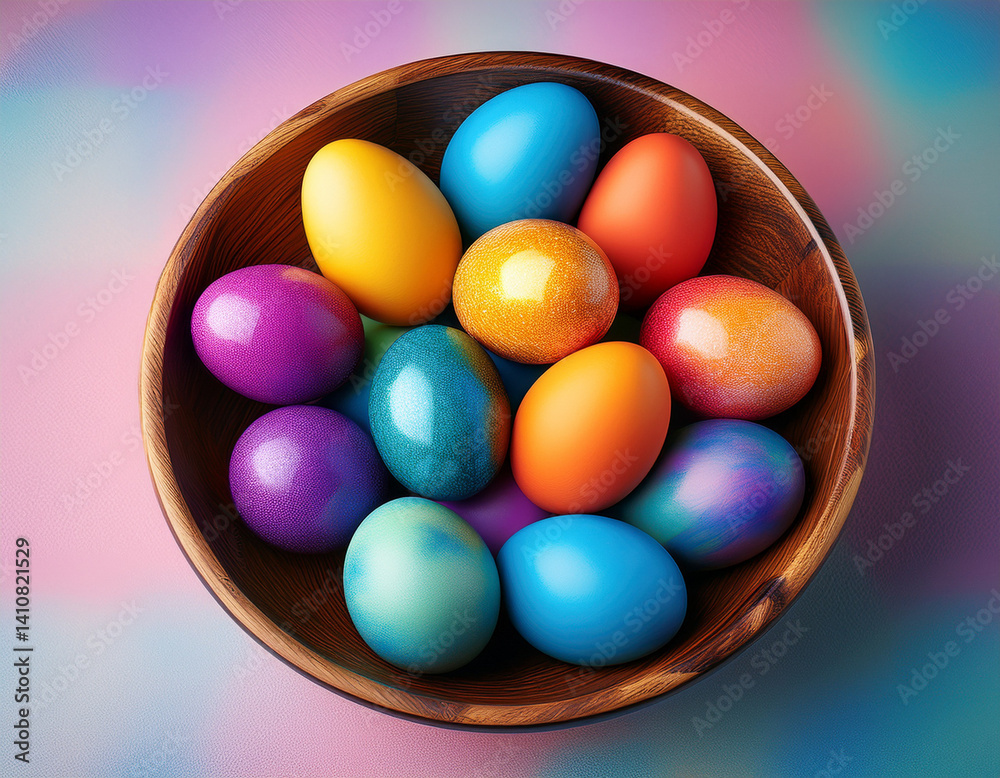 A bowl with colored Easter eggs