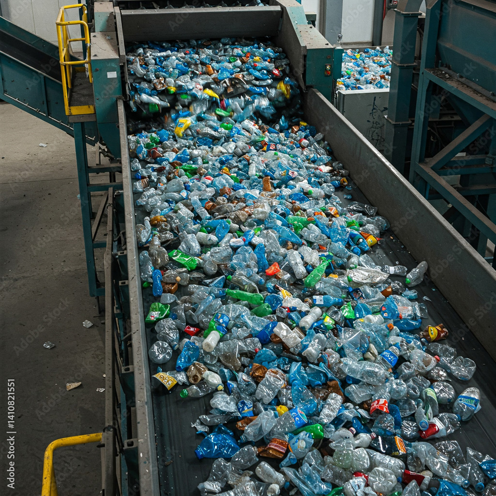 Many used plastic bottles on a conveyor belt for processing and recycling