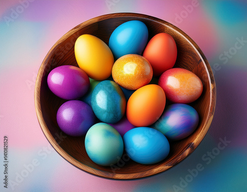 A bowl with colored Easter eggs