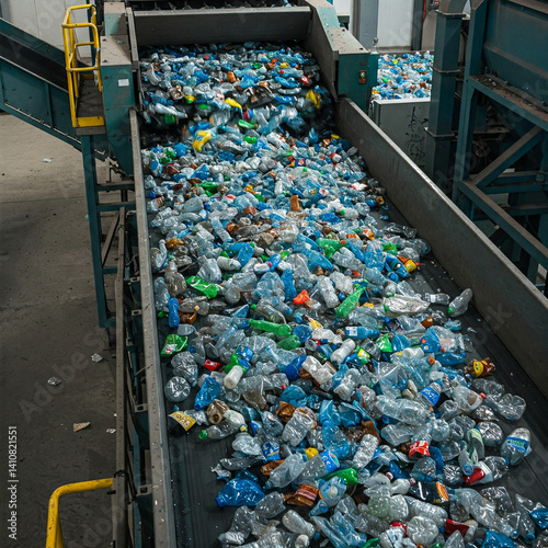 Obraz na płótnie Many used plastic bottles on a conveyor belt for processing and recycling w salonie