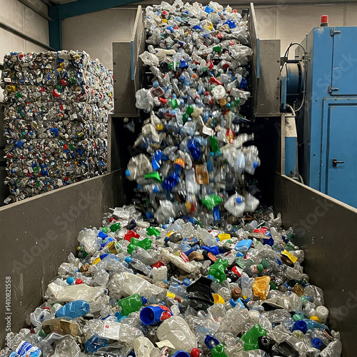 Used plastic bottles on a conveyor belt for recycling, processing