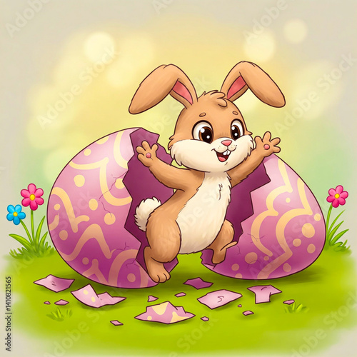 A bunny coming out of a colorful Easter egg, cartoon, decorative Easter image