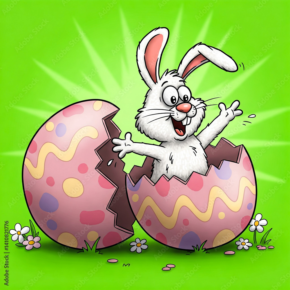 A bunny coming out of a colorful Easter egg, cartoon, decorative Easter image