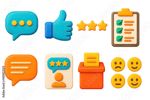 3D icon set of patient feedback: review bubble, thumbs up, 5-star rating, survey form, patient comment, feedback card, suggestion box, emotion icons.