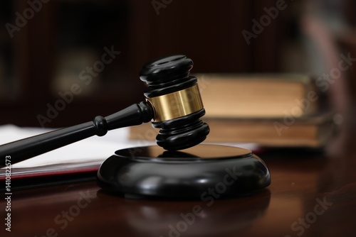 Judge workplace with gavel and books indoors, closeup photo