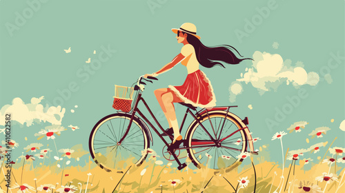 Vintage Style Woman Riding Bicycle Vector Illustration - Professional and Creative Design Element