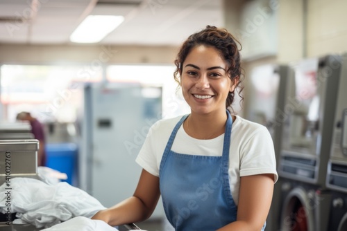 Portrait of a smiling Hispanic woman working at laundromat