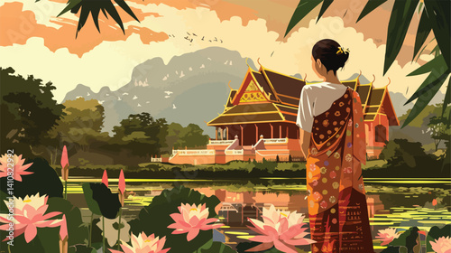 Professional Vector Illustration of a Woman at Temple in Nan Province