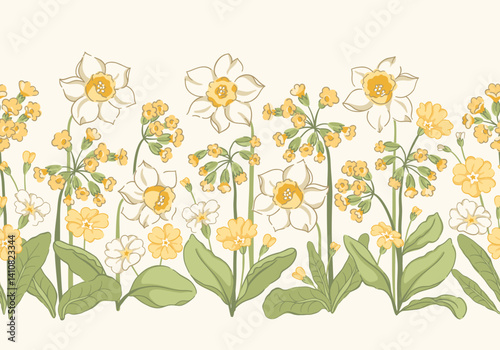 Vintage vector seamless horizontal border with delicate hand drawn flowers, daffodils, primroses with green foliage. Floral garden cottagecore design for spring, Easter textiles, stationery, weddings