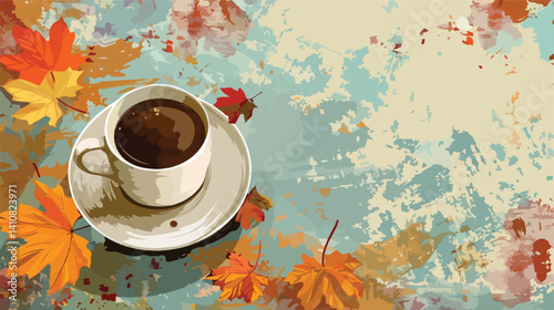 Autumn Composition with Cup of Coffee on Color Grunge B1 EPS