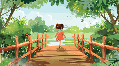 Professional image of back view little girl walking on wooden bridge