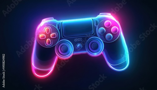 A neon-lit game controller against a black backdrop. Ideal for gaming peripherals ads, esports promotions, or tech art installations.