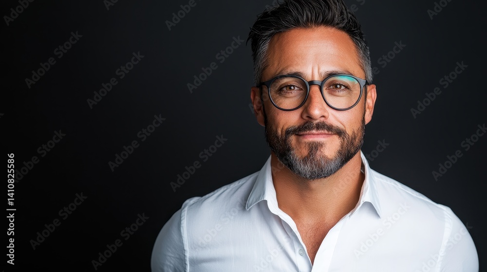 A stylish man with glasses and a beard poses confidently against a dark background, showcasing his fashionable appearance and friendly demeanor. A stylish man with glasses and a beard poses confidently against a dark background, showcasing his fashionable appearance and friendly demeanor.