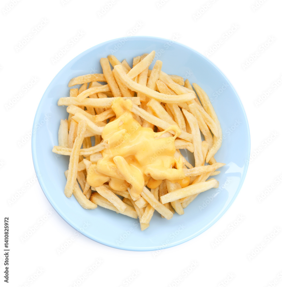 French fries with tasty cheese sauce isolated on white, top view French fries with tasty cheese sauce isolated on white, top view