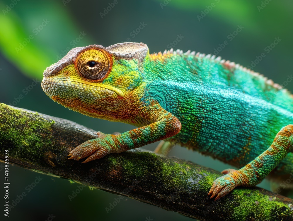 Obraz premium Colorful chameleon with textured skin perches on moss-covered branch, displaying vibrant hues of turquoise, green, yellow, and orange. Eye is prominent, capturing light vividly
