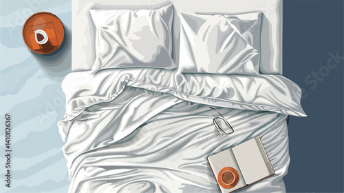 Professional top view illustration of neatly made bed with clean white sheets - Vector1.eps