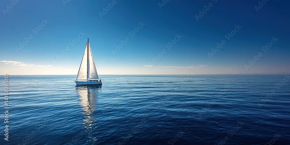 Obraz premium A sailboat on serene blue waters under clear skies. Used for nautical tourism ads, marine conservation content, or adventure literature.