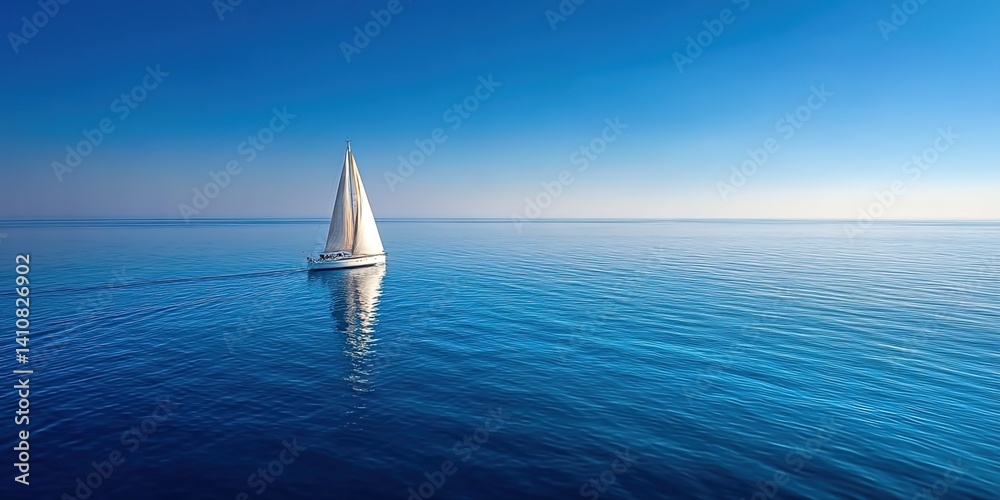 Obraz premium A sailboat on serene blue waters under clear skies. Used for nautical tourism ads, marine conservation content, or adventure literature.