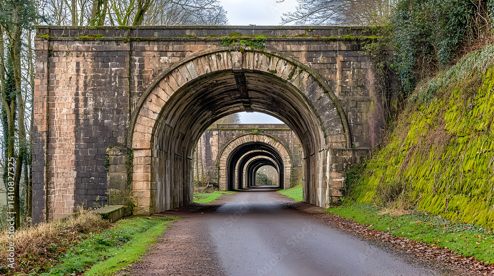 Obraz premium Historic Stone Arch Tunnel Pathway Through Woods