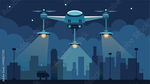 At night drones equipped with energyefficient lights provide surveillance and illumination for improved safety.. Vector illustration