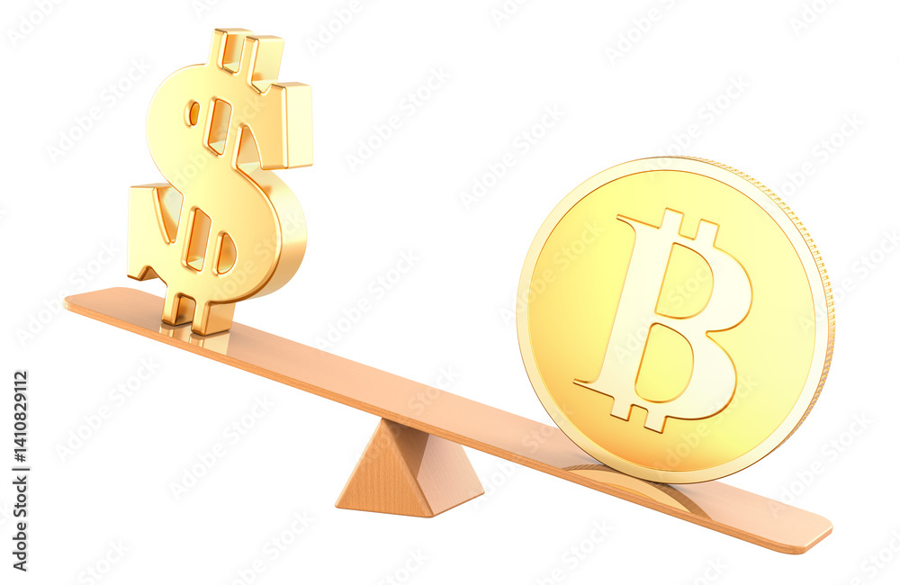 Bitcoin and dollar, balance concept. 3D rendering isolated on transparent background