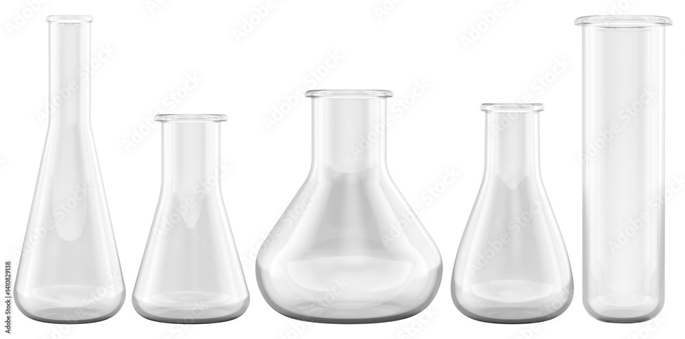 Chemistry laboratory glassware, empty chemical flasks. 3D rendering isolated on transparent background
