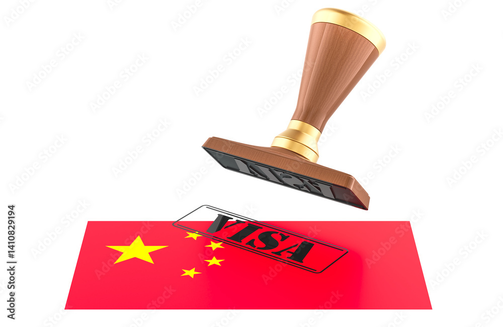 Chinese Visa Approved with Rubber Stamp and Chinese flag, 3D rendering isolated on transparent background