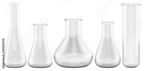 Obraz na płótnie Chemistry laboratory glassware, empty chemical flasks. 3D rendering isolated on transparent background w salonie