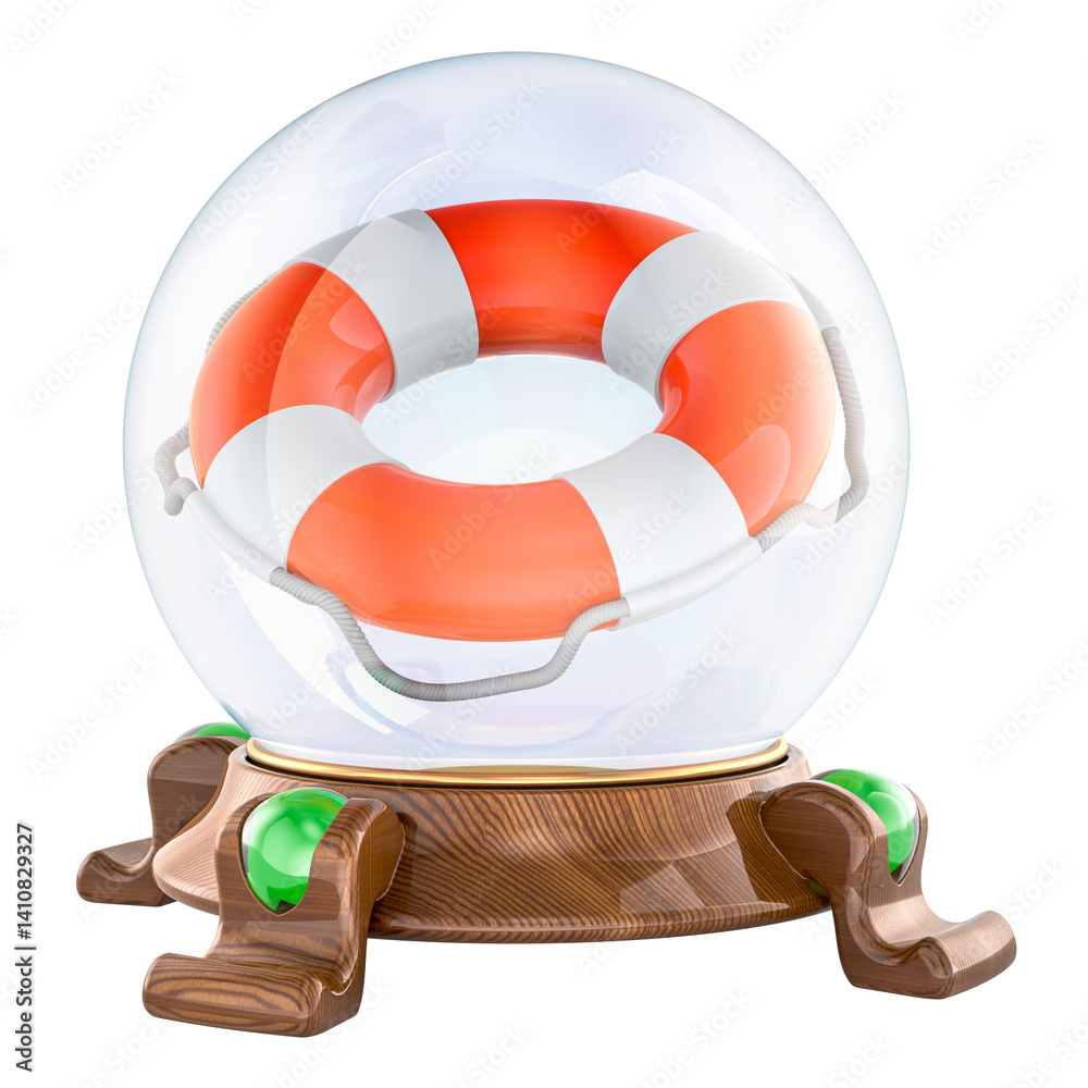 Clear Crystal Ball with lifebelt, 3D rendering isolated on transparent background