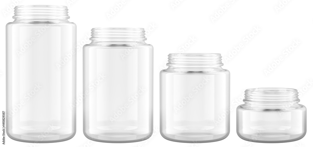 Empty Glass Jars, different size. 3D rendering isolated on transparent background