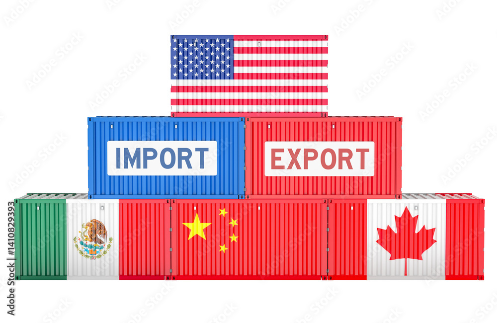 Freight containers stack with the USA, Canadian, Mexican and Chinese flags. Import and export, concept. 3D rendering isolated on transparent background