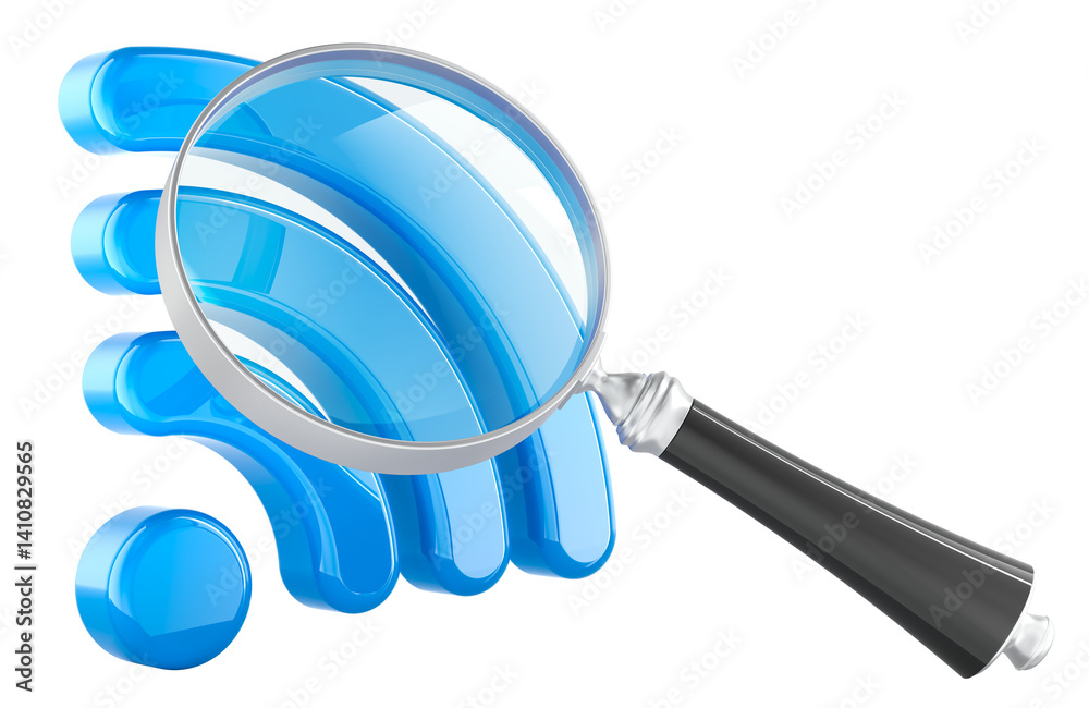 Search of Wi-Fi, wi-fi sign with loupe. 3D rendering isolated on transparent background