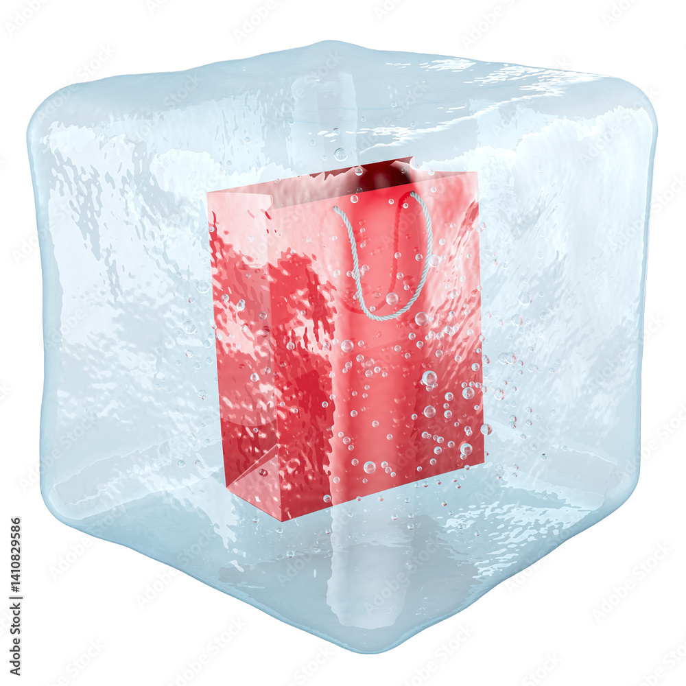 Shopping bag frozen in ice cube, 3D rendering isolated on transparent background