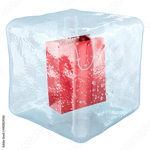 Shopping bag frozen in ice cube, 3D rendering isolated on transparent background