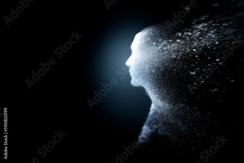 Ethereal Silhouette of a Person Disintegrating into Light Particles against Black Backdrop